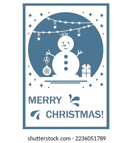 Postal 3D festiva en el estilo del papeleo, con un muñeco de nieve navideño, ilustración vectorial