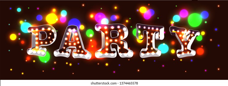 Festive 3d retro style lettering made with light through silhouettes and colorful stage lights, forming word party over dark background.