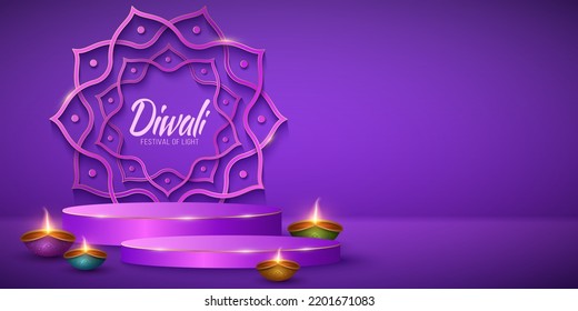 Escena 3d festiva con lámparas tradicionales de la Diya para el festival de la luz Diwali. Podium para mostrar sus marcas. Estilo de corte de papel Mandala india en el fondo. Ilustración vectorial para vacaciones. EPS 10