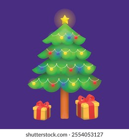 Festive 3D vector illustration of a Christmas tree with gift boxes, perfect for holiday-themed designs, branding, and decorations. High-quality, scalable, and detailed artwork for seasonal projects.