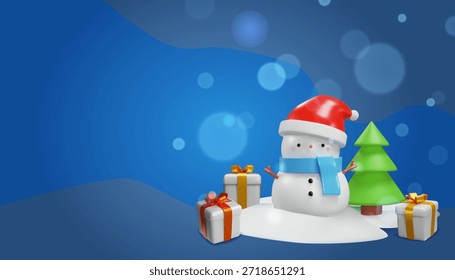 Cartel festivo del invierno 3D que presenta un muñeco de nieve lindo en un sombrero de Santa, regalos envueltos, un árbol de Navidad estilizado. Alegre y familiar, esta escena captura la calidez y la alegría de la temporada navideña.