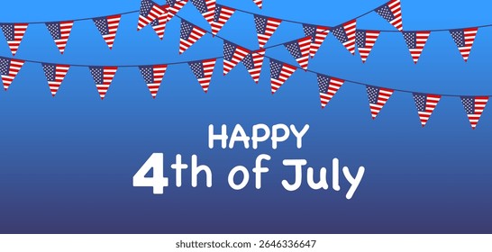 Banner festivo de 4 de julho com estacas de bandeira americana no gradiente azul. Estilo de vetor plano para cartões de férias, cartazes, convites de mídias sociais.