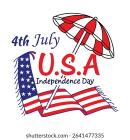 A festive 4th of July design featuring an American flag draped with a beach umbrella. Perfect for Independence Day celebrations, summer promotions, or patriotic themed projects