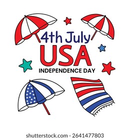 A festive 4th of July design featuring red, white, and blue umbrellas, stars, and a beach towel, perfect for Independence Day celebrations and summer themes