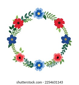 Festive 4th of July floral wreath with red and blue flowers. Independence Day decor for card design. Isolated on white background.