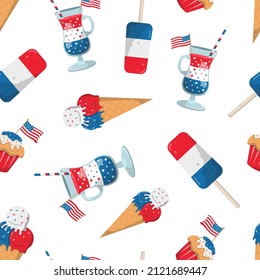 Festividad 4 de julio patriótico patrón de comida y bebida estadounidense en colores nacionales. Helado, bizcocho, cóctel. Aislado sobre fondo blanco. Diseño para la decoración de la fiesta del Día de la Independencia.