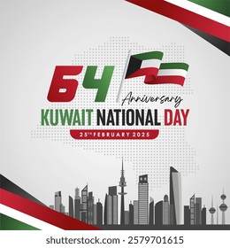 Festive 64th Anniversary of Kuwait national day 25th February 2025 featuring 64 logo, city skyline and waving flag. Kuwait background vector illustration with skyline and flag illustration