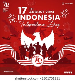 Festive 79th Indonesia Independence day 17th August 2024 greeting card with 79 logo, army silhouette, map and pancasila. Dirgahayu RI 2024 vector illustration banner, background, template, poster.