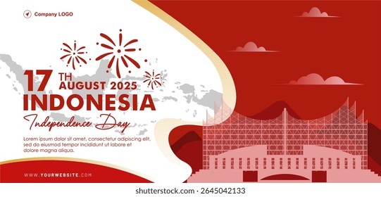 Festivo 80º aniversário da Indonésia Dia da Independência 2025 modelo de fundo com vista capital Nusantara e ilustração mapa Indonésia. Dirgahayu 80th RI banner, fundo, modelo