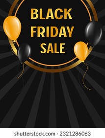Festive abstract advertising dark vector illustration background black Friday sale with flying balloons