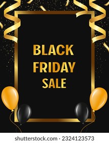 Festive abstract advertising dark vector illustration background black Friday sale with golden ribbons and flying balloons