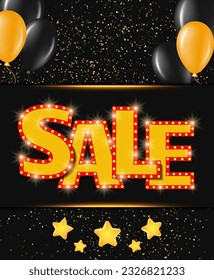 Festive abstract advertising dark vector illustration background black Friday sale with shining lines, balloons and stars