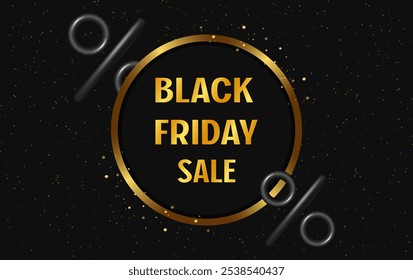 Festive abstract advertising dark vector illustration background black Friday sale with big percent labels and golden dust