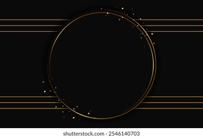 Festive abstract advertising dark vector illustration background with golden dust, lines and round banner
