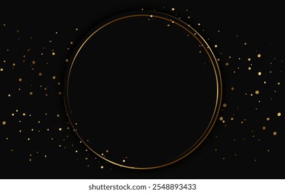 Festive abstract advertising dark vector illustration background with golden dust and round banner
