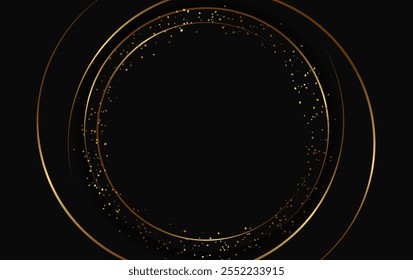 Festive abstract advertising dark vector illustration background with golden dust and round banner