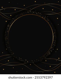 Festive abstract advertising dark vector illustration background with golden dust, garland beads and round banner