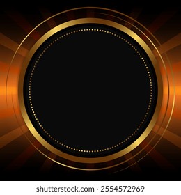 Festive abstract advertising dark vector illustration background with golden round banner and rays