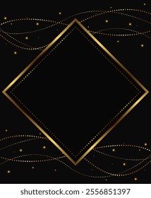 Festive abstract advertising dark vector illustration background with golden dust, garland beads and square banner
