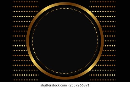 Festive abstract advertising dark vector illustration background with golden dust, beads lines and round banner