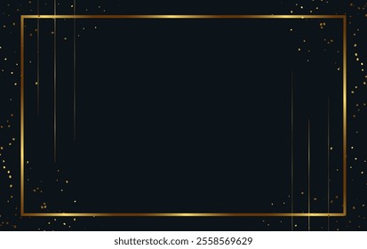 Festive abstract advertising dark vector illustration background with golden dust, lines and square banner