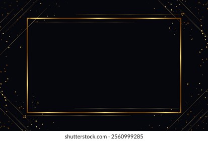 Festive abstract advertising dark vector illustration background with golden dust, lines and square banner