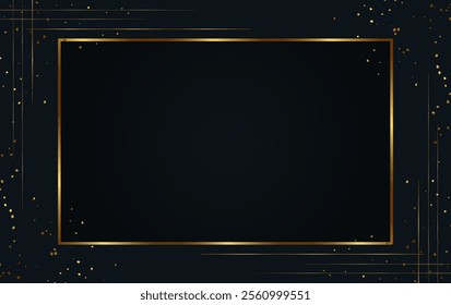 Festive abstract advertising dark vector illustration background with golden dust, lines and square banner