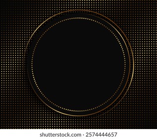 Festive abstract advertising dark vector illustration background with golden dots pattern and round sparkle banner