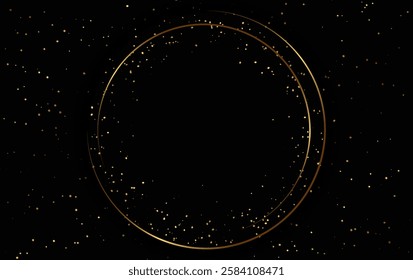 Festive abstract advertising dark vector illustration background with golden dust and round banner