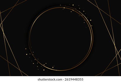 Festive abstract advertising dark vector illustration background with golden dust, lines and round banner