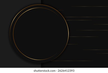 Fondo de Ilustración vectorial oscura de publicidad abstracta festiva con patrón de líneas doradas y Anuncio brillante redondo