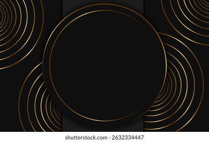 Festive abstract advertising dark vector illustration background with golden circle pattern and round sparkle banner
