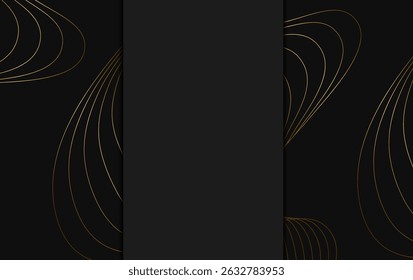 Festive abstract advertising dark vector illustration background with golden wave lines