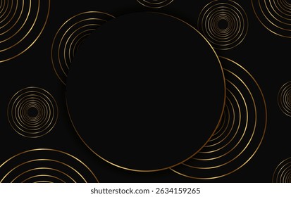 Festive abstract advertising dark vector illustration background with golden circle pattern and round banner