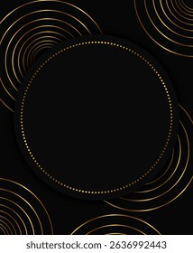 Festive abstract advertising dark vector illustration background with golden circle pattern and round sparkle banner
