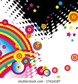 Fondo festivo abstracto de las bandas más brillantes, arcos, círculos y estrellas sobre un fondo blanco. 18/22. VECTOR (Consulte También Jpeg En Mi Cartera)