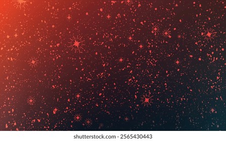 A festive abstract background featuring a gradient of warm red and dark blue, embellished with scattered sparkling star-like elements and textured speckles