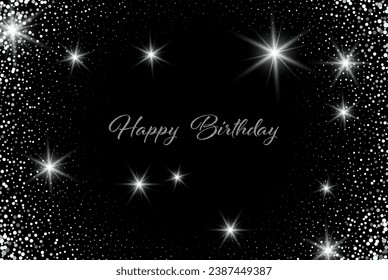 Festlicher abstrakter Hintergrund aus feinem silbernem Staub, mit Text zum Geburtstag