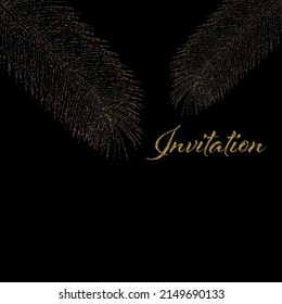 Festive abstract background of a palm tree branch from golden dust on a dark background, invitation