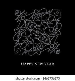 Festive abstract black background with glitter silver circular ornament. Idea for invitation, holiday card.