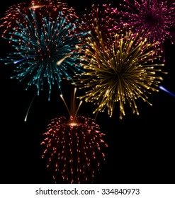 Festive abstract firework bursting in various shapes sparkling set black background - vector