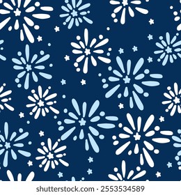 Festive Abstract Fireworks Pattern on Navy Blue. This seamless pattern reating a festive and celebratory design. Perfect for party, holiday, or festival-themed projects.