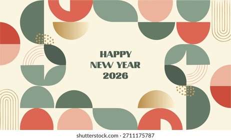 A festive abstract geometric pattern in muted colors with a "Happy New Year 2026" message in the center.