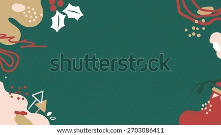 Festive abstract holiday design with red, green, and gold elements. Christmas-themed border with holly, berries, and abstract shapes on a textured green background. Christmas illustration vector.