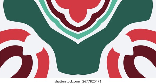 Festive abstract pattern with red teal and dark red shapes reminiscent of christmas.