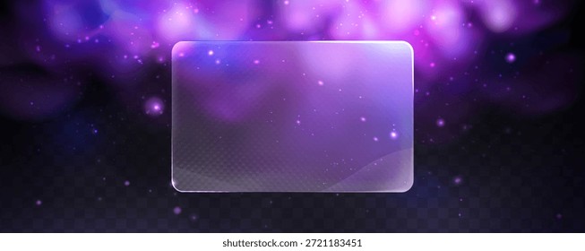 Festive Abstract Purple and Blue Bokeh Background with Sparkling Glitter and Trendy Glassmorphism Empty Rectangular Frame Vector Illustration