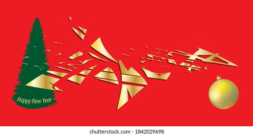 Festive abstract red background with golden elements - spruce, Christmas ball - vector. New Year. Christmas. Postcard, Banner, Poster svg
