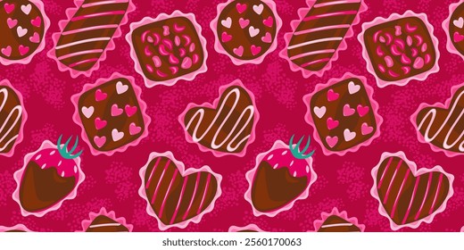 Festive abstract seamless pattern with chocolate candies. Hand drawn sweets decorated with hearts, dried raspberries, glazed strawberries