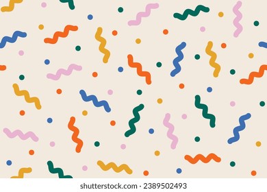 Festive abstract seamless pattern with colorful confetti or sugar sprinkles. Multi colored fun background. Pop art style textures. Funky vector design. Flat design, cartoon.