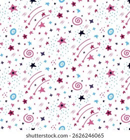 Festive abstract seamless pattern with falling stars, confetti. Space on a transparent background with blue, pink, red cosmic elements for decoration, fabric, cover, Christmas, Birthday, celebration
